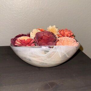 Murano White Hand-Blown Glass Freeform Bowl with Pink and Cream Flower Filler